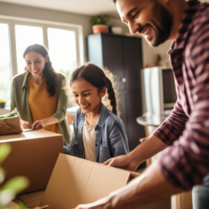 "Une famille souriante lors de leur déménagement, des cartons étiquetés autour d'eux, illustrant le processus harmonieux de déménager même en situation de garde alternée."