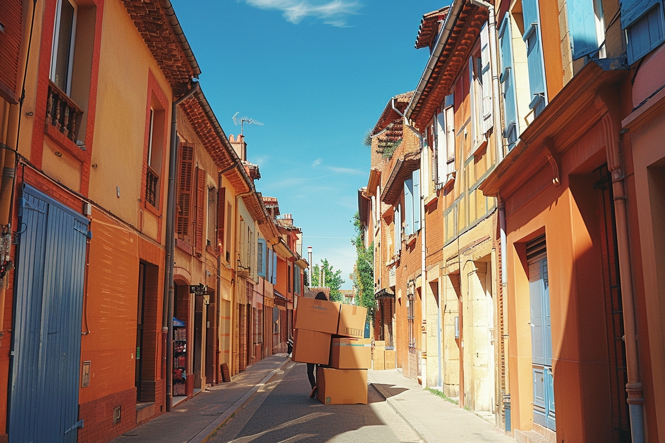 Équipe d'experts réalisant un déménagement sans camion à Toulouse, employant des méthodes innovantes pour transporter efficacement les meubles et cartons en ville.